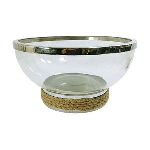 Bowl Glass Fruit Salad Serving Bowl Chrome Trim Rope Accent